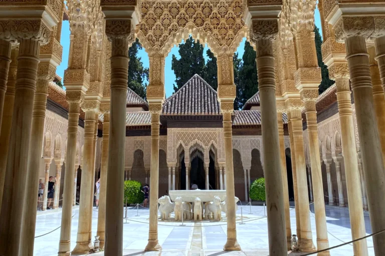 The Court of the Lions in the Alhambra of Granada, with its arcade of slender columns