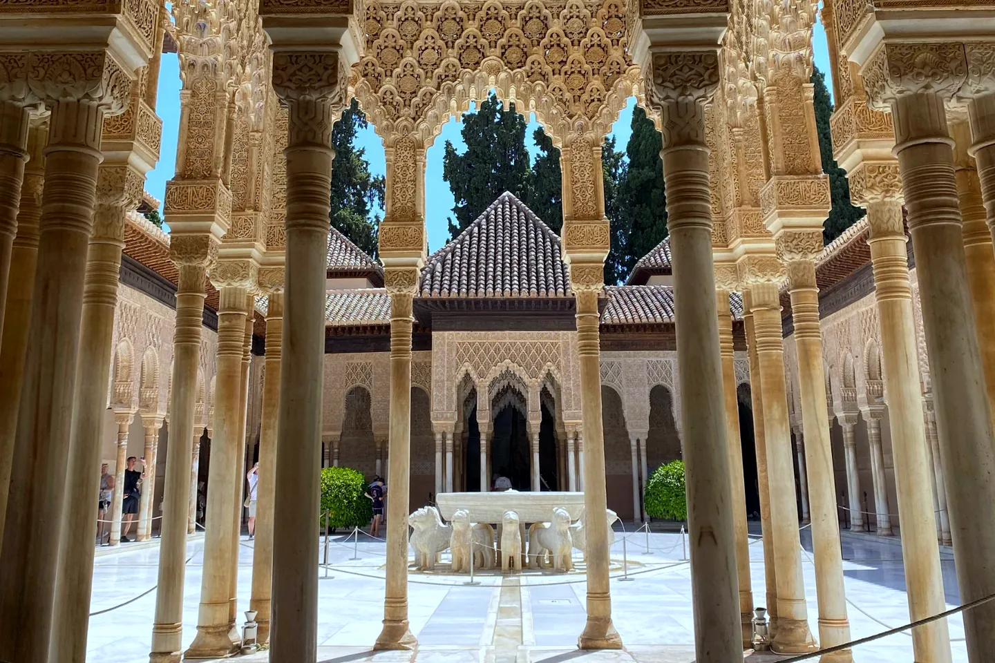 The Court of the Lions in the Alhambra of Granada, with its arcade of slender columns