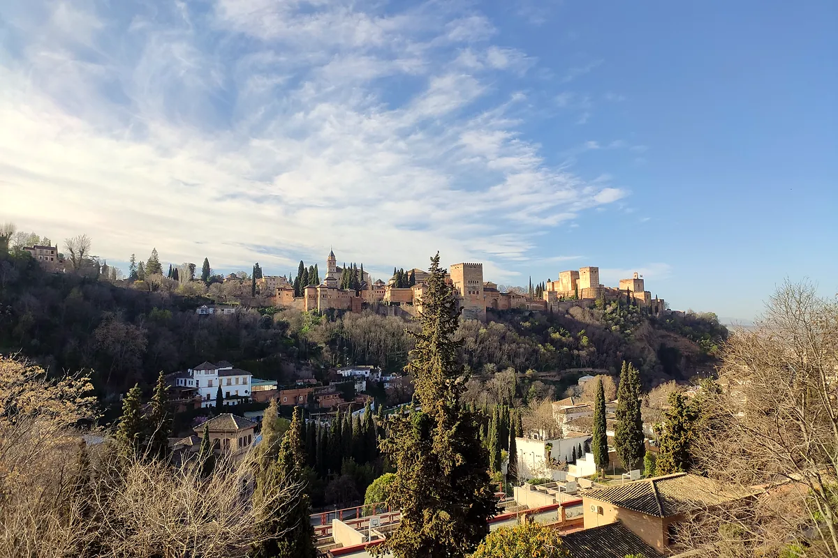 The Alhambra on its hill above Granada, among the trees