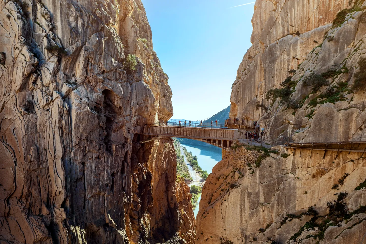The Caminito del Rey walkway on the cliffs of the Gaitanes gorge, with its hanging bridge