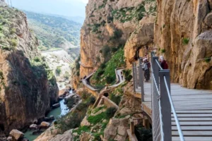 The Caminito del Rey walkway pinned to the cliff above the Gaitanes gorge