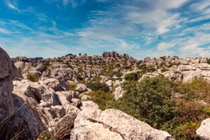 The limestone landscape of El Torcal de Antequera under a blue sky