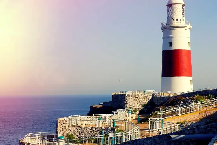 The red and white lighthouse at Europa Point, the southern tip of Gibraltar